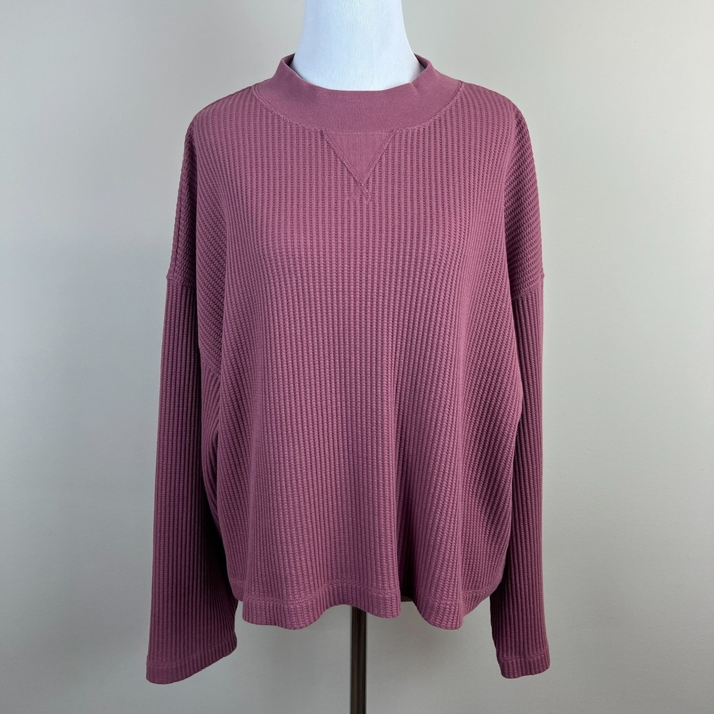 Gap Oversized Waffle Knit Mock Neck Top T-Shirt Womens Large Berry Slouchy Boxy